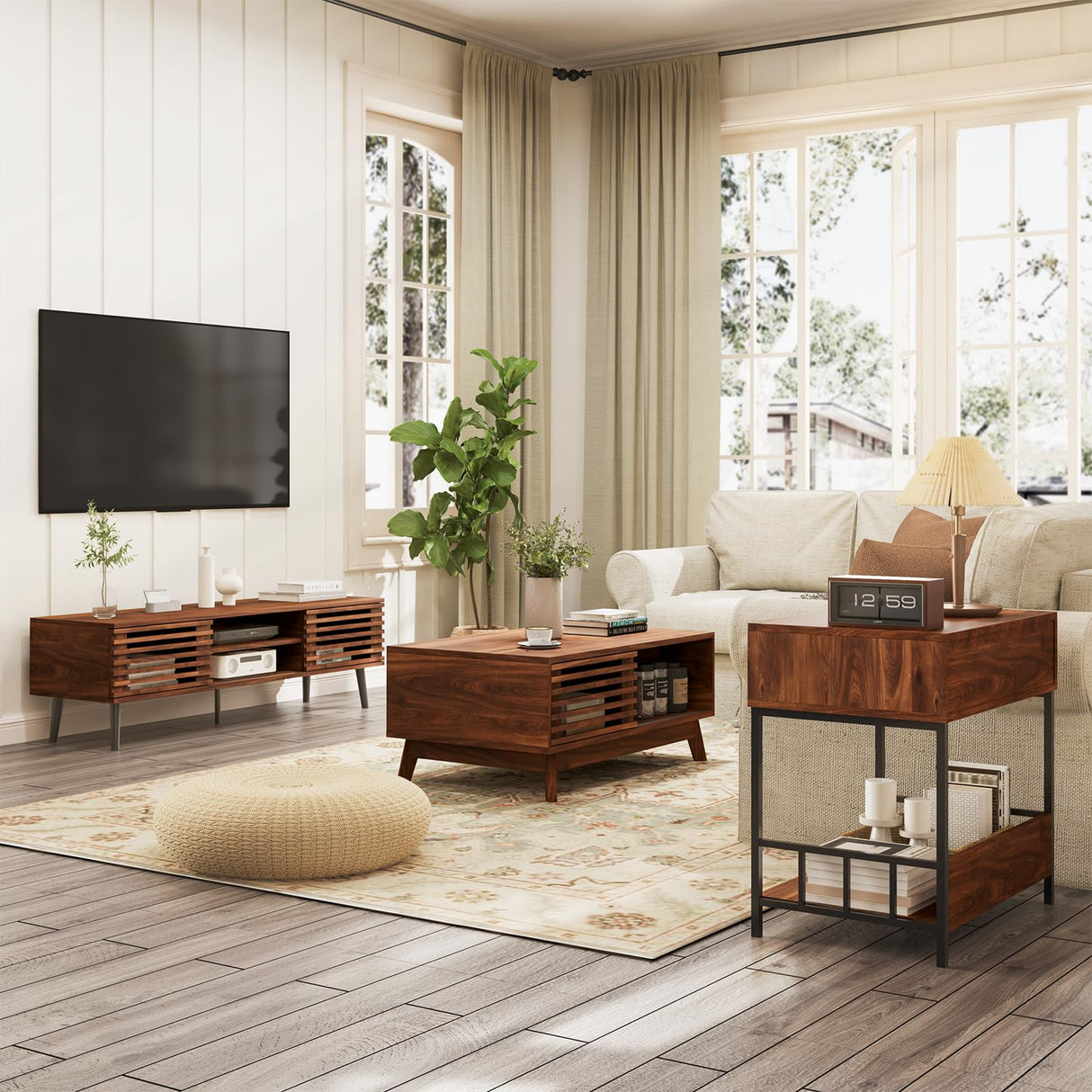 HAIOOU Mid Century Modern TV Stand, 52" Wooden TV Console with Slatted Sliding Doors and Storage for 50/55/60 Inch TV, Small Entertainment Center Media Console Cabinet for Living Room - Walnut Brown HAIOOU