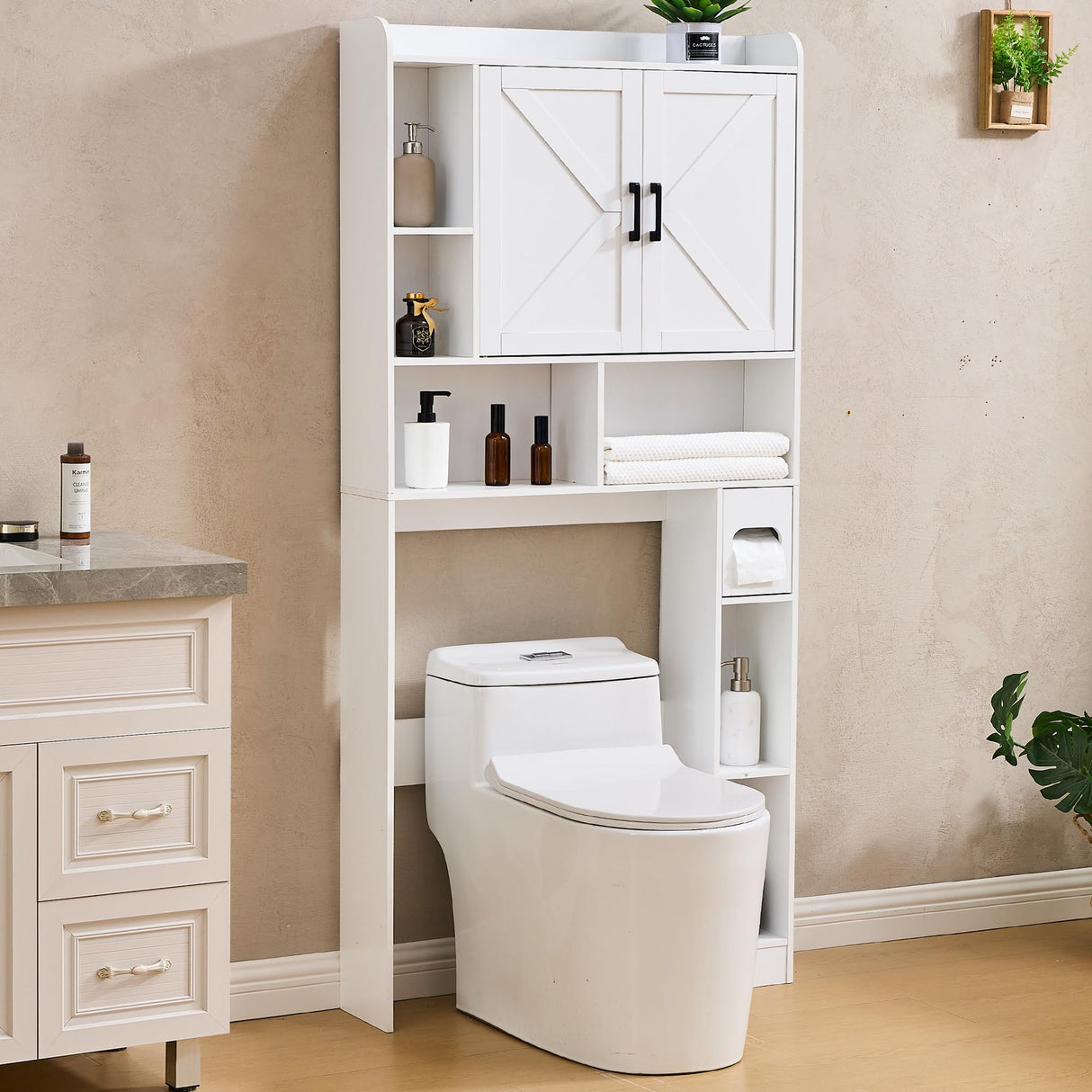 Viroformo Over The Toilet Storage Cabinet, 32 Inches Width Farmhouse Storage Cabinet Over Toilet with 2 Barn Door, Toilet Paper Holder Stand, Toilet Rack for Bathroom, Laundry, Restroom, White Viroformo