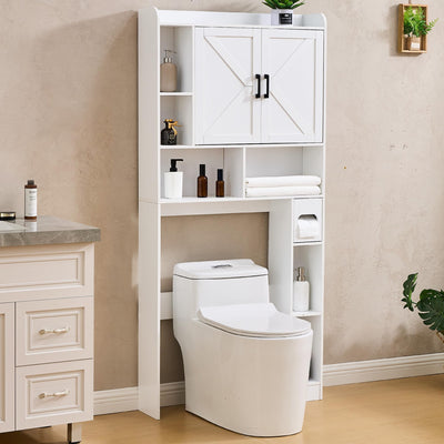 Viroformo Over The Toilet Storage Cabinet, 32 Inches Width Farmhouse Storage Cabinet Over Toilet with 2 Barn Door, Toilet Paper Holder Stand, Toilet Rack for Bathroom, Laundry, Restroom, White