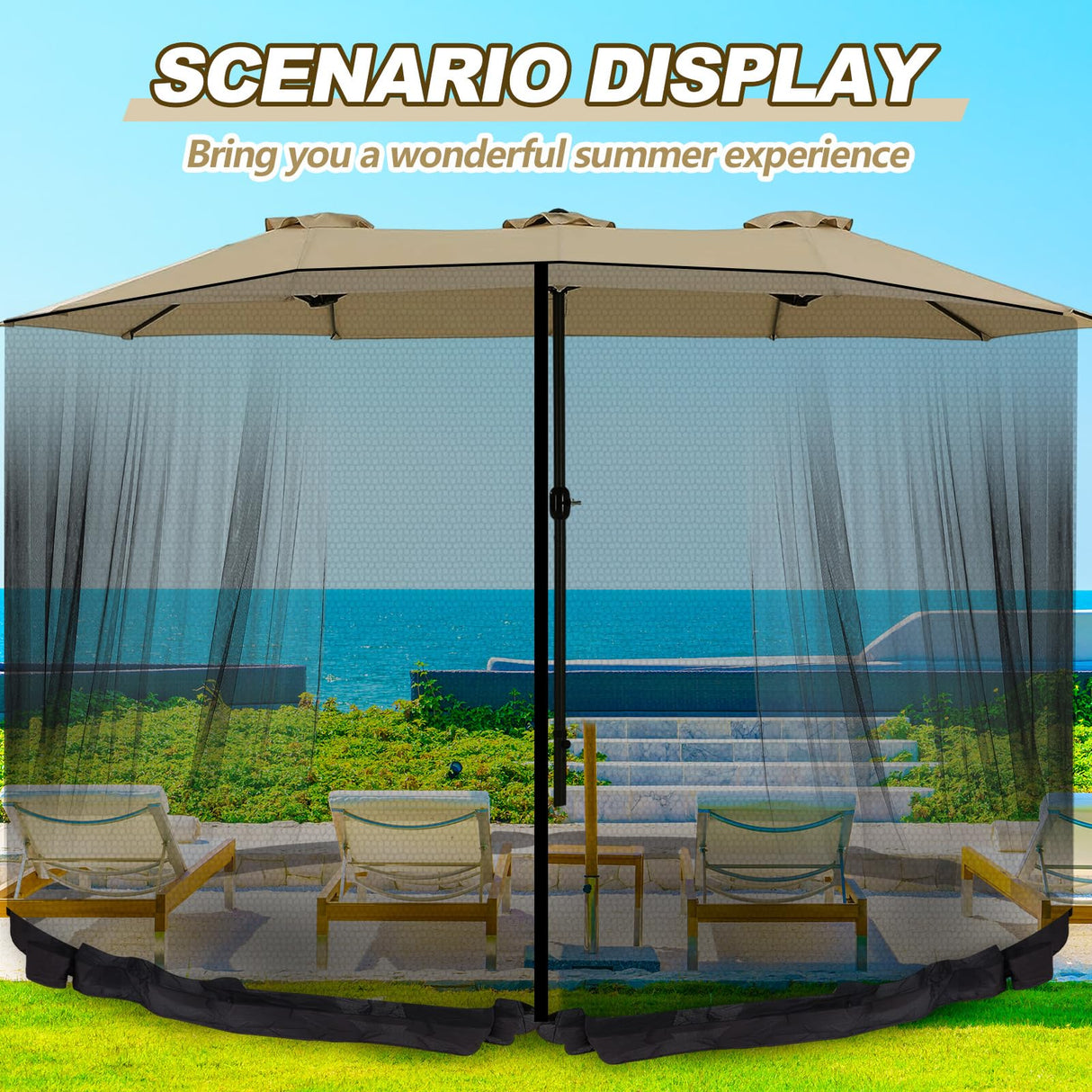 Wesnoy 13-15 ft Umbrella Mosquito Netting Patio Mosquito Netting with Double Zipper Door Patio Umbrella Screen Enclosure Mesh Mosquito Umbrella Canopy Mesh Net Screen for 10'x10' Pop up Gazebo, Black Wesnoy