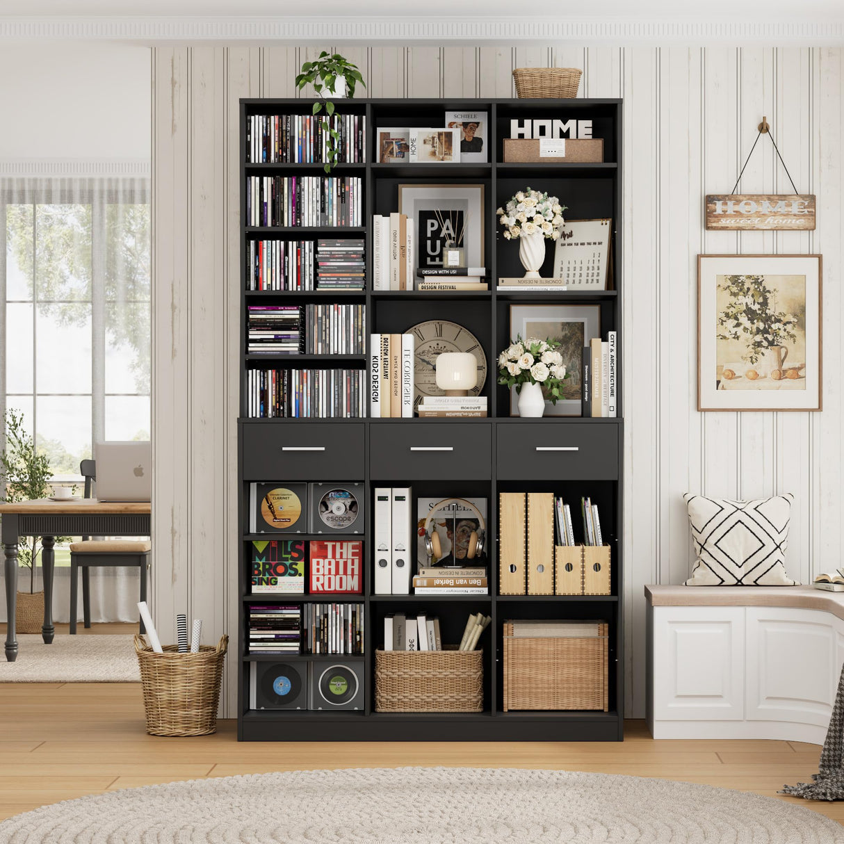 HOSTACK 75" Tall Book Shelf and Bookcase, 47" Wide Bookshelf with Drawers, Modern 9 Tier Bookcase with Storage, Large Wood Display Cabinet with Adjustable Shelves for Living Room, Home Office, Black HOSTACK