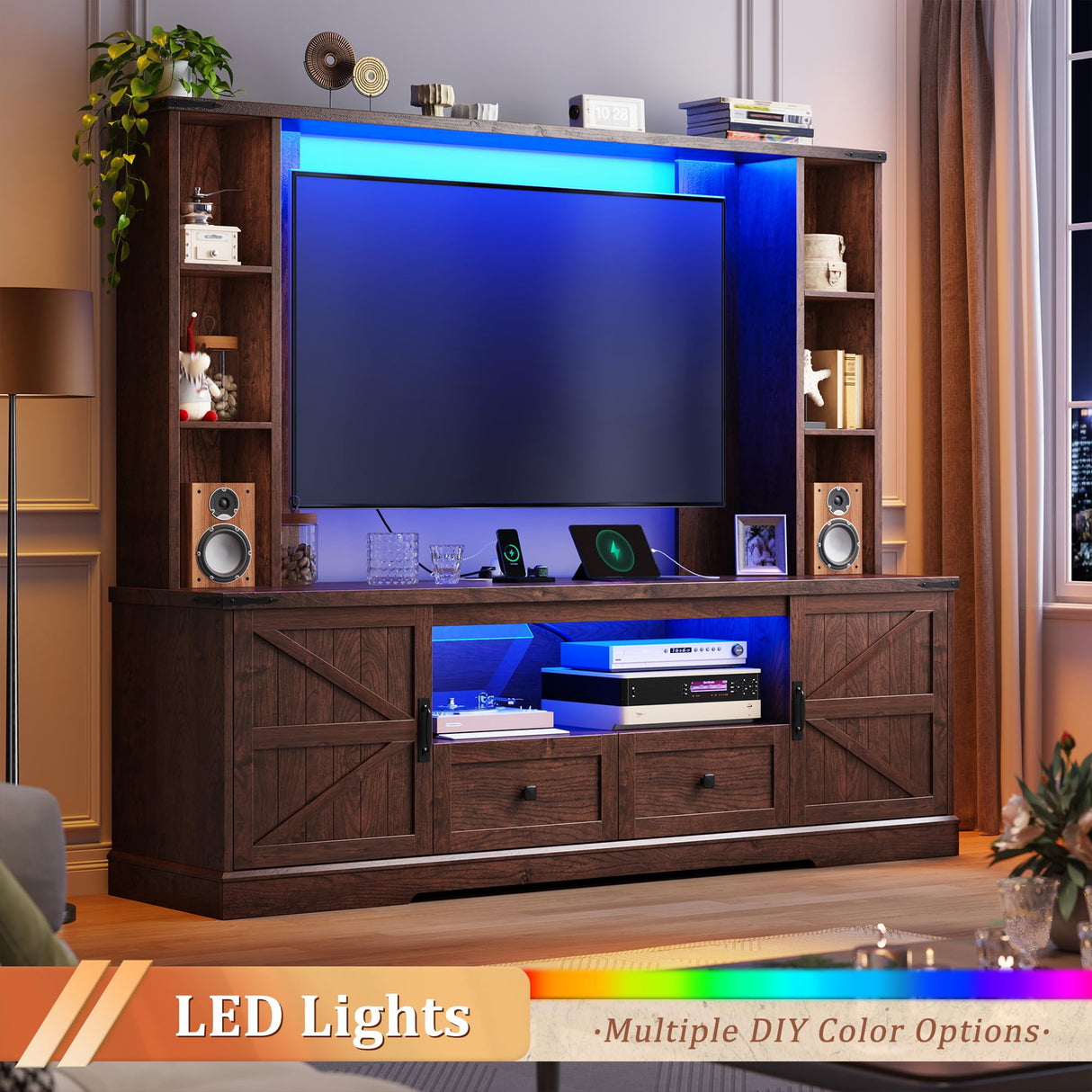 Entertainment Center with 2 LED Lights & Power Outlets, Large Farmhouse Wall Unit Entertainment Center for 60 Inch Television Stand, TV Stands for Living Room with Storage Shelf, Brown EnHomee