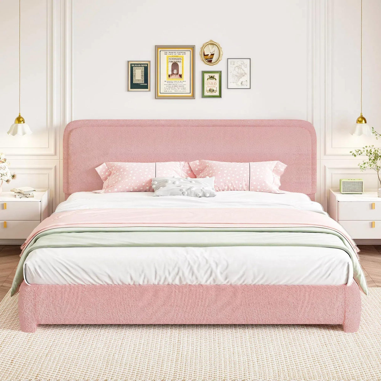 King Size Bed Frame, Upholstered Platform Bed King with Headboard, Boucle Soft and Cloud Bed Frame, Modern Style, No Box Spring Required, Easy Assembly, Pink BarnFurin