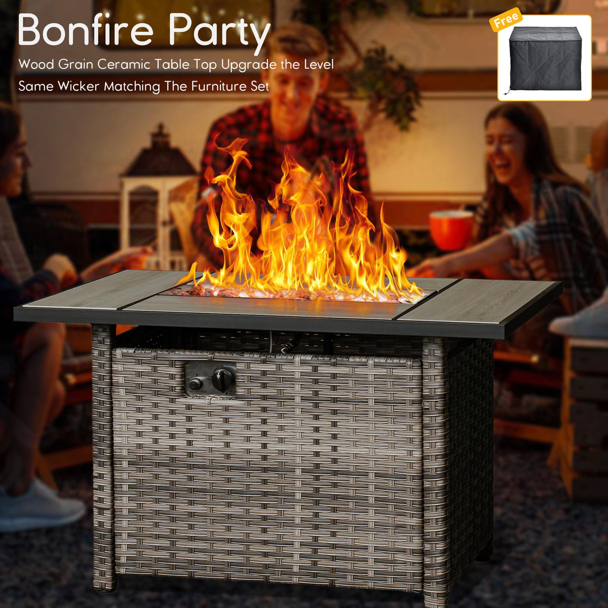 HOOOWOOO Patio Furniture Set,8 Piece Outdoor Furniture with Fire Pit Table,Wicker Patio Conversation Couch Chairs Ottoman Set,Beige HOOOWOOO