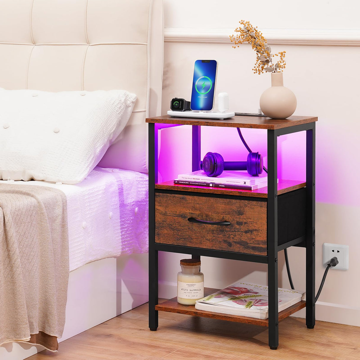 Yoobure Side Table with Storage, LED Night Stand with Charging Station, End Tables Living Room, Nightstand for Bedroom with Adjustable Fabric Drawer, 3-Tier Wood Bedside Table, Berry Brown Yoobure