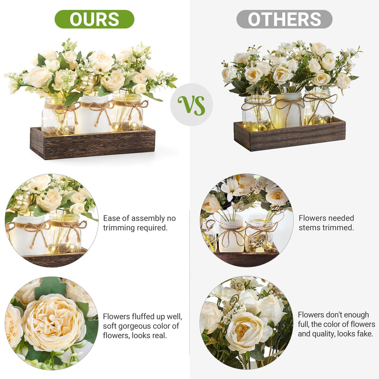 Mkono Mason Jar Lights Centerpiece Table Decor for Dining Room Farmhouse Wood Tray with 3 Jars Flowers Center Pieces Spring Decor for Kitchen Living Room Mkono