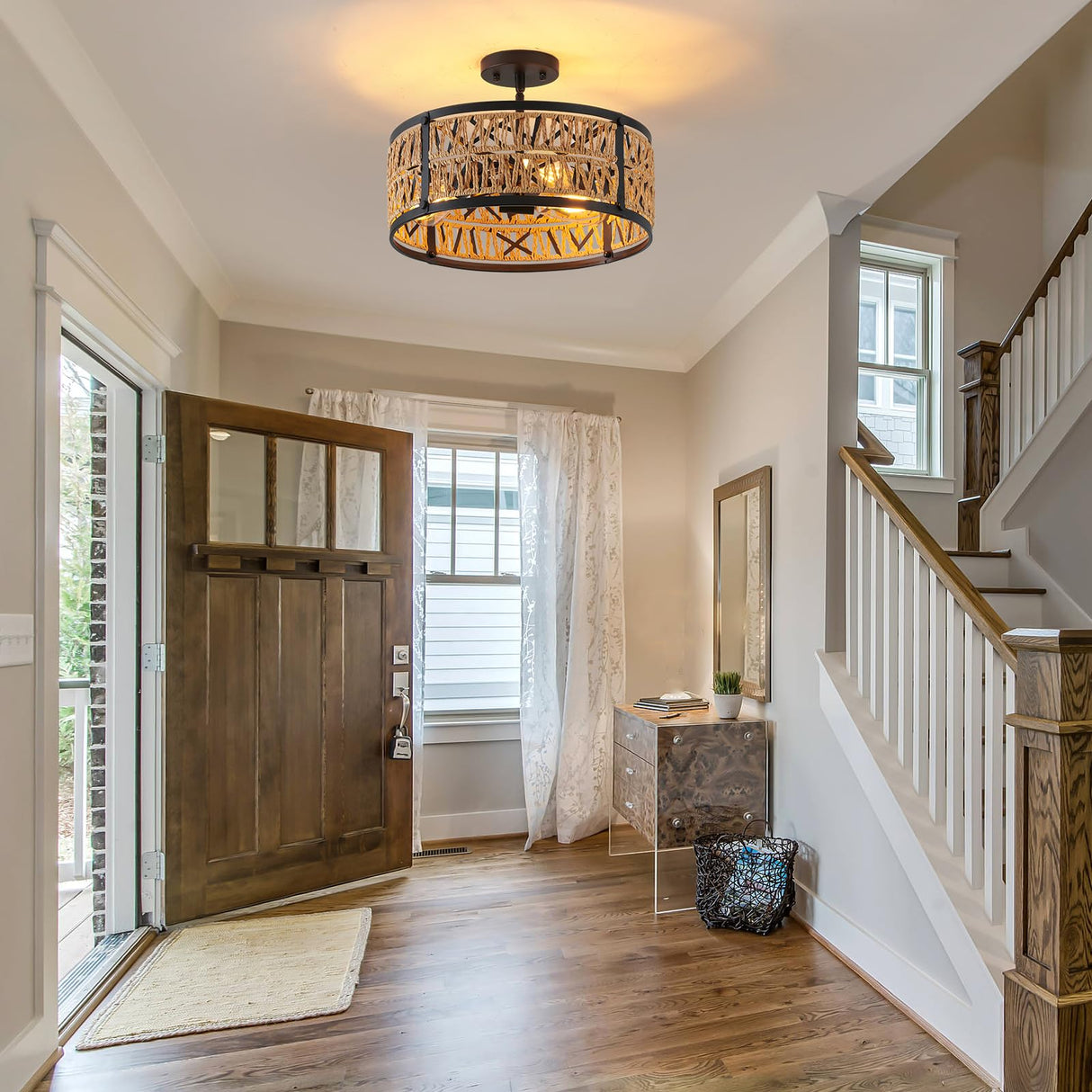 Bsyormak 3-Lights Rattan Boho Chandelier for Dining Room Drum Wicker Pendant Light Fixtures Hanging Woven Coastal Ceiling Light for Farmhouse Kitchen Island Living Room Bedroom Bsyormak