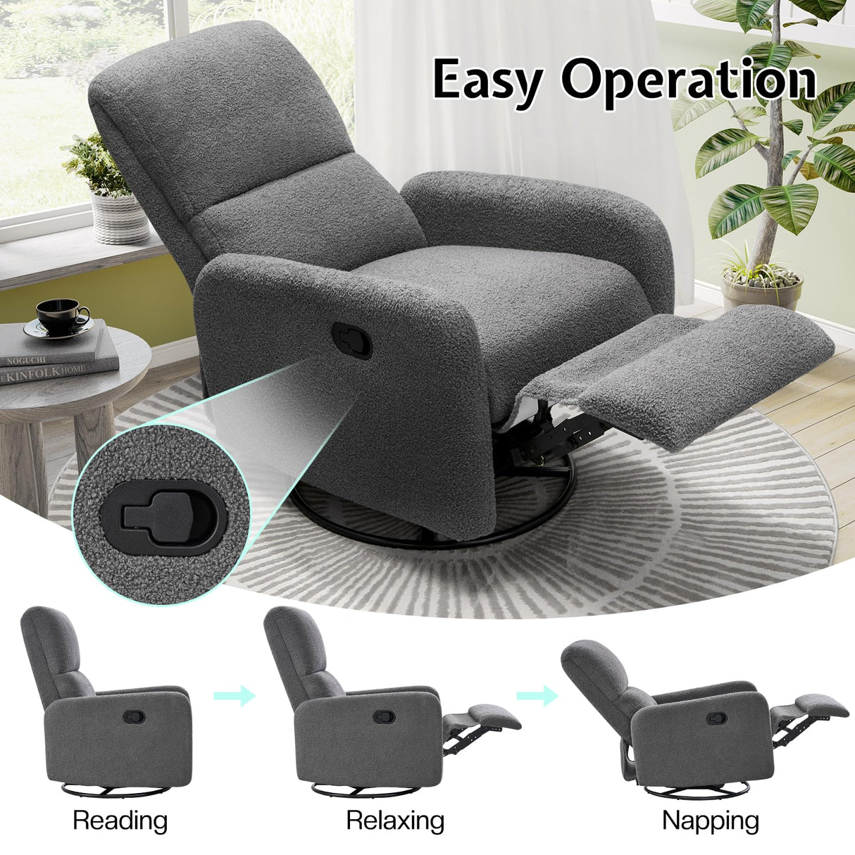 Jocisland Swivel Rocking Chair, Nursery Glider Recliner Chairs for Adults, Rocker for Living Room Bedroom, Comfy Upholstered Modern Nursing Reclining Single Sofa, Grey Teddy Jocisland