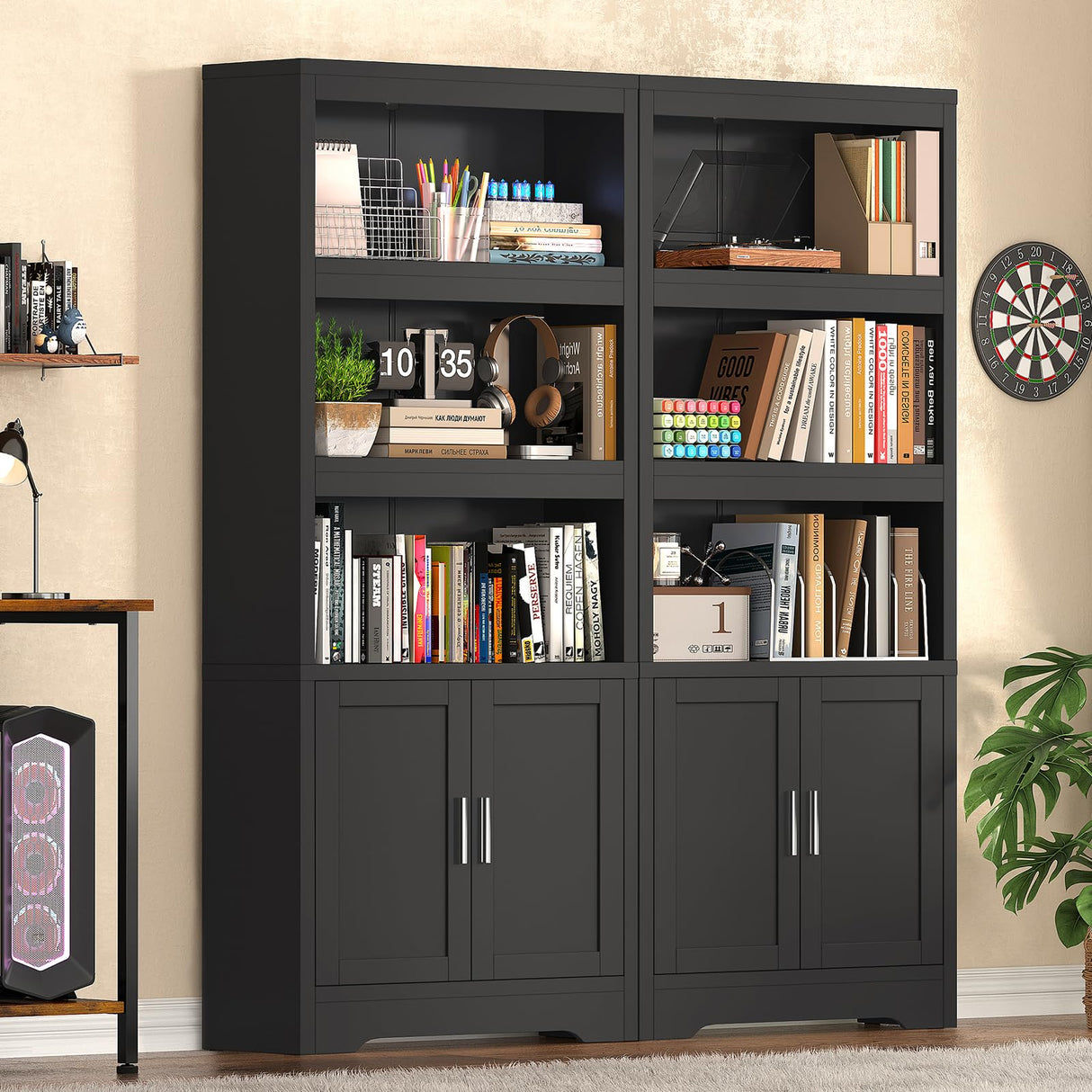 Book Shelf and Bookcase with Doors, 5-Tier Display Storage Cabinet with Adjustable Shelves, Open Compartments, Remote Control LED Lights, Tall cabinet for Bathroom Kitchen Living Room, Home Office TEENFON