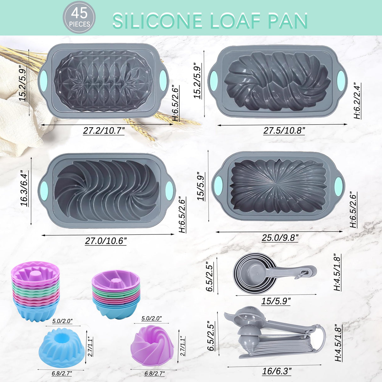 Tongjude 45 Pieces Silicone Loaf Pan for Baking Bread, 4 Cups Silicone Baking Pans Set, Baking Cups, Non-Stick Kitchen Oven Baking Pans, with Measuring Cups and Spoons Set, Grey Tongjude