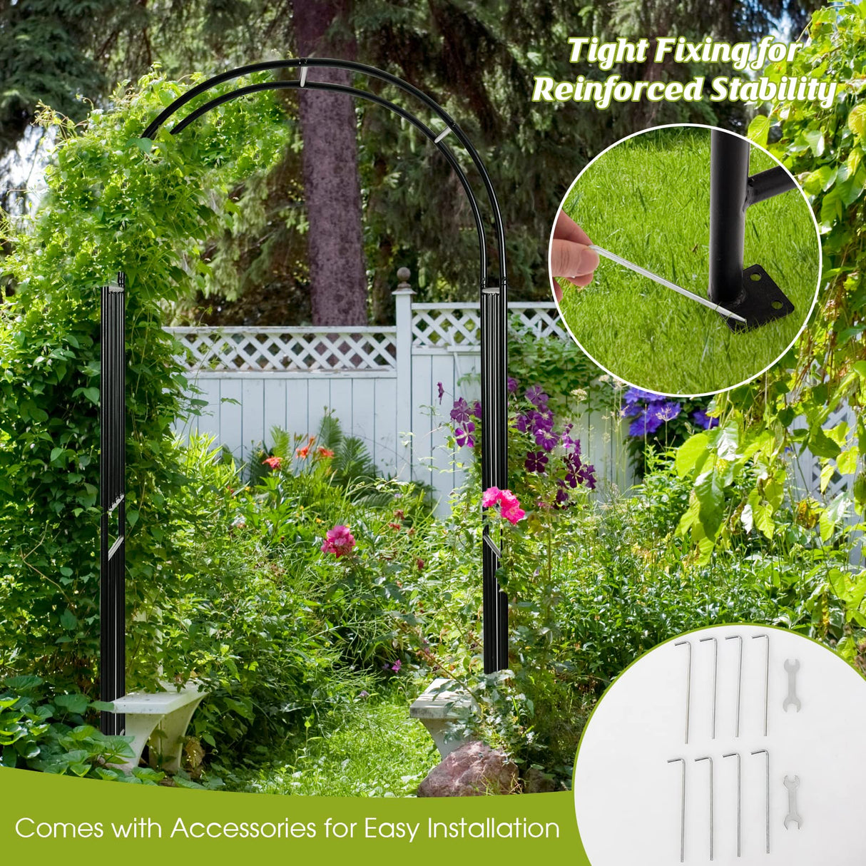 LDAILY Moccha Garden Arch Arbor Trellis, 7.2Ft Outdoor Steel Arbor with Stakes, Metal Archway for Climbing Plants, Wide Sturdy Durable Garden Arch for Lawn, Party, Ceremony Wedding Decoration, Black LDAILY