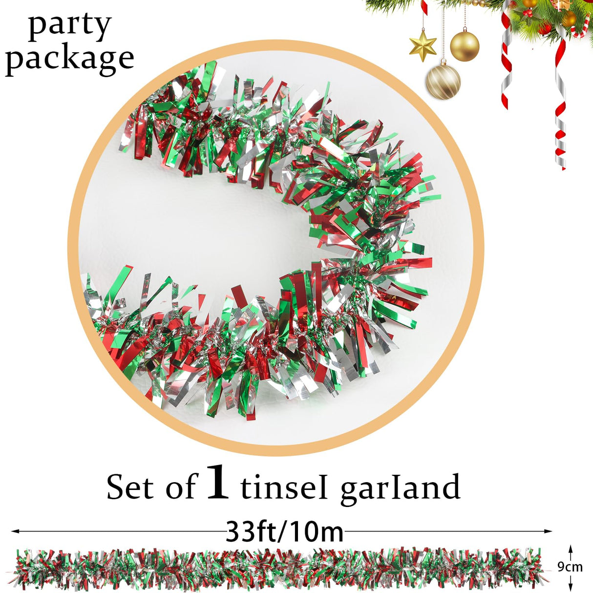 CCINEE 32.8 Feet Christmas Tinsel Garland,Metallic Tinsel Twist Garland Shiny Hanging Decoration for Party Supplies Xmas Tree Home Stairs Indoor Outdoor Decor(Red Green Sliver) CCINEE