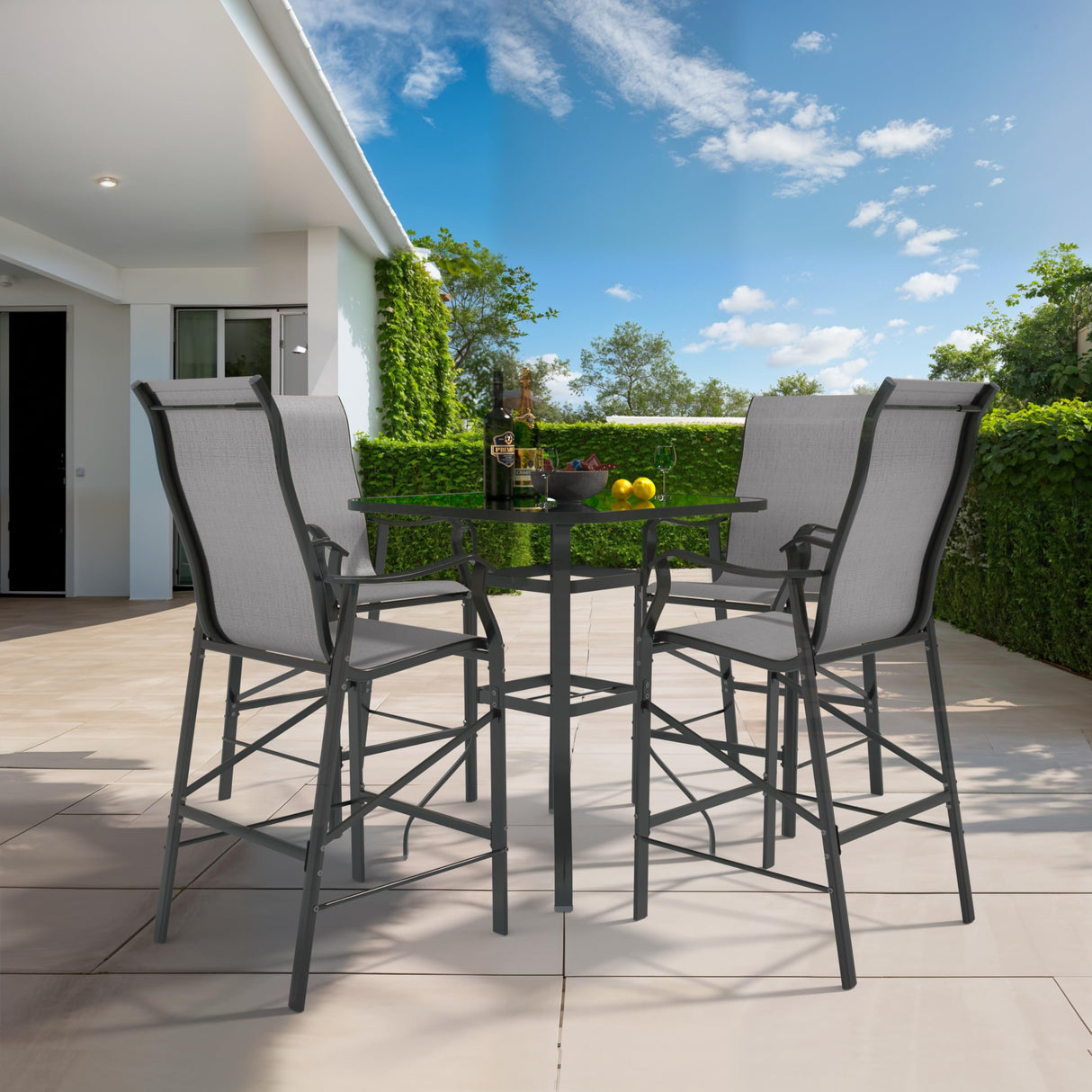 UDPATIO Patio Chairs Bar Stools Set of 4,Outdoor Bar Height Chairs with High Back and Armrest,Metal Frame and Breathable Textilene for Balcony,Pool,Deck,Garden(Grey White) UDPATIO
