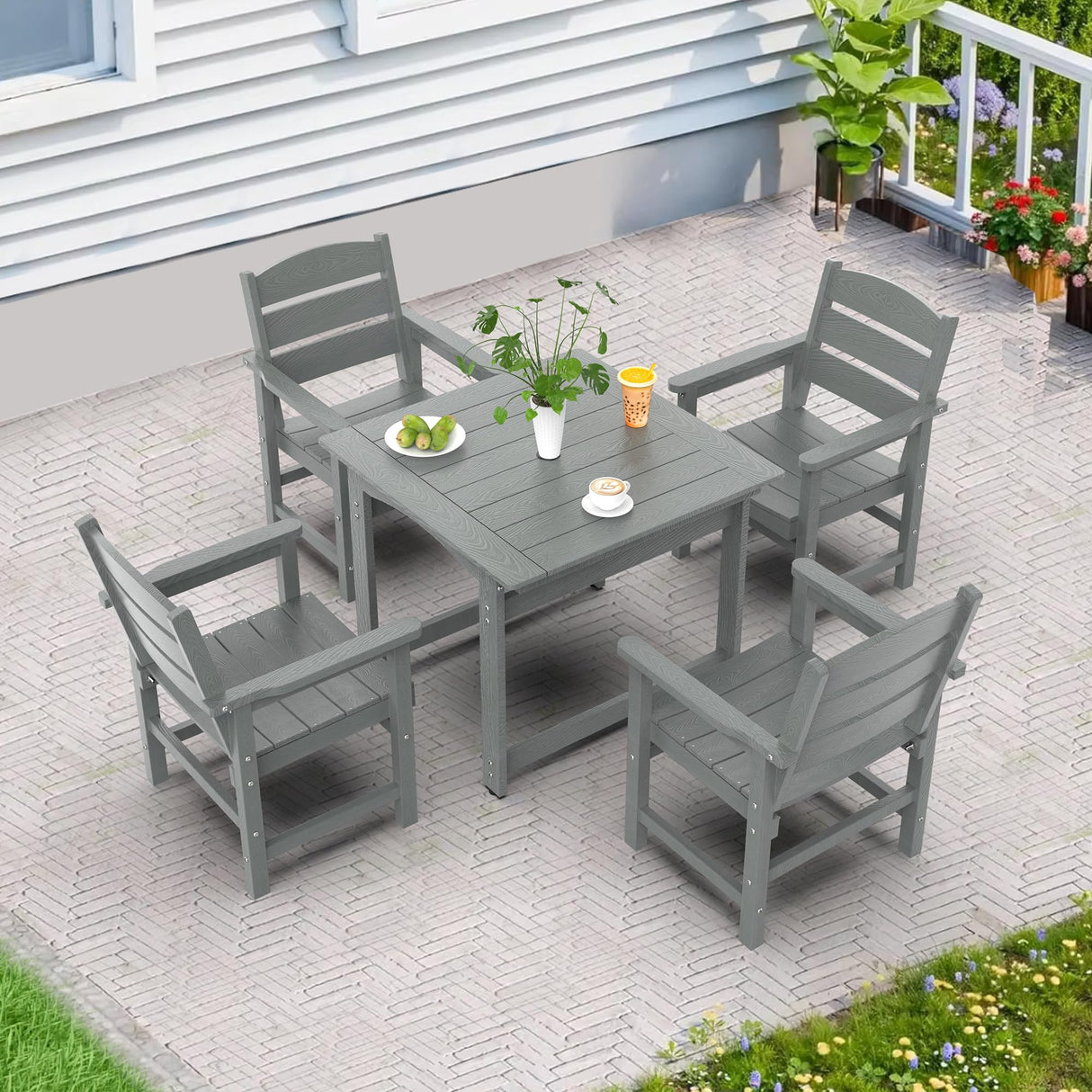 Sunnibety 5-Piece HIPS Patio Dining Set, Outdoor Dining Table and Chairs Set with Umbrella Hole, Weatherproof Dining Table Set for 6 Person, Patio Furniture Set for Outside Deck, Grey Sunnibety