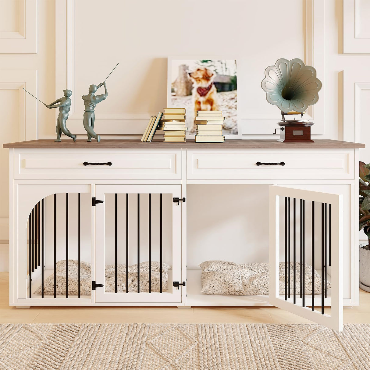 EBE Dog Crate Furniture, 74.8''Wooden Dog Crate with 2 Drawers and Removable Divider, Dog Kennel Indoor Furniture with Double Rooms, Heavy Duty Dog Crate Table Indoor TV Stand for Large Medium Dogs EBE