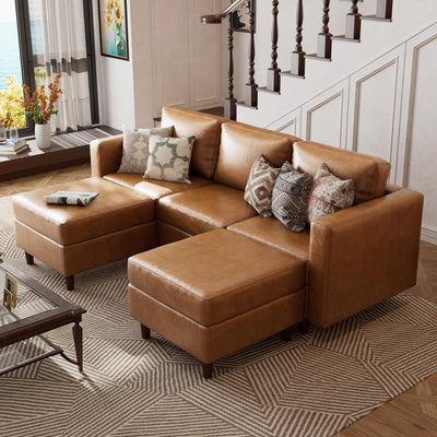 ABCASA Faux Leather U Shaped Modular Sectional Sofa 91.5", 5 Seater Couch with Movable Ottoman Deep Seat and Storage Seat with Removable Cover for Living Room, Apartment - Brown