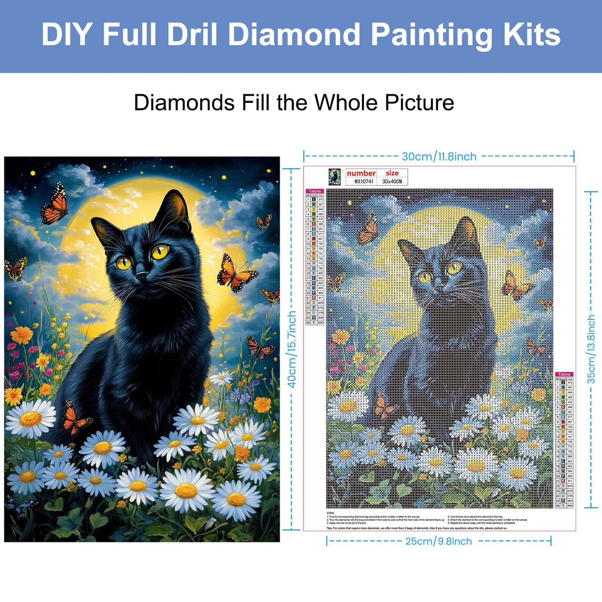 HEIBAGO 5D Diamond Painting Kits for Adults, Black Cat Full Drill Diamond Painting Kits for Beginner,DIY Moon Round Diamond Dots for Adults Gem Art Home Wall Decor 12 x 16 in HEIBAGO