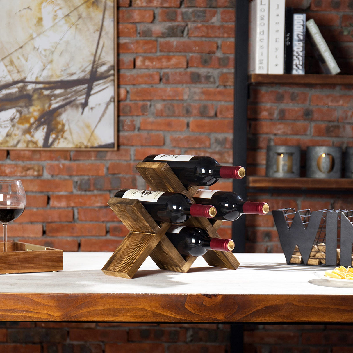 MyGift 4-Bottle Countertop Rustic Brown Wood Wine Rack MyGift