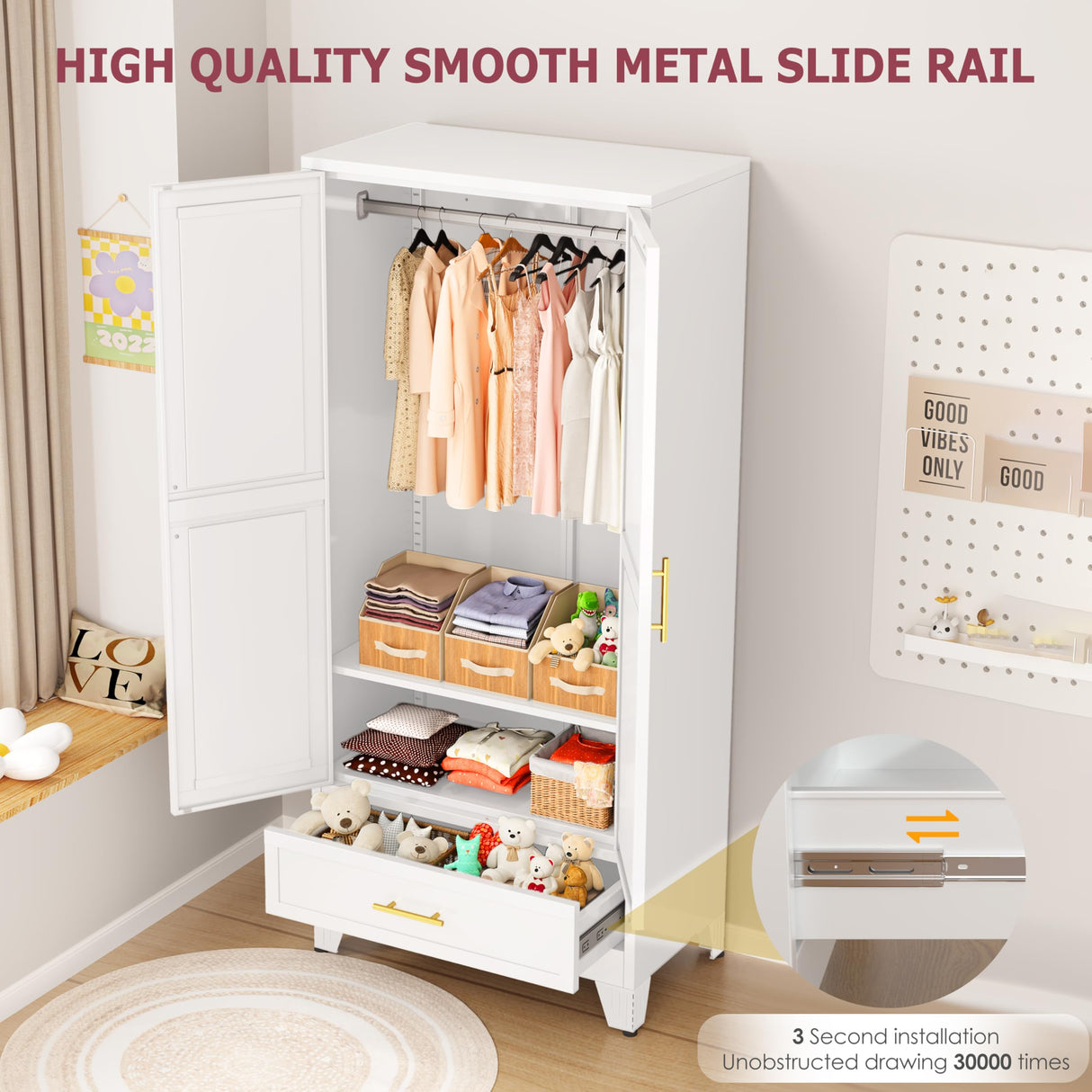 GAIOUS Steel Armoire Wardrobe Closet with 2 Doors, 71" Household Wardrobe Cabinet with Hanging Rod and Drawers, Metal Clothing Storage Cabinet with Adjustable Shelf for Bedroom, Cloak Room, Gym(White) GAIOUS