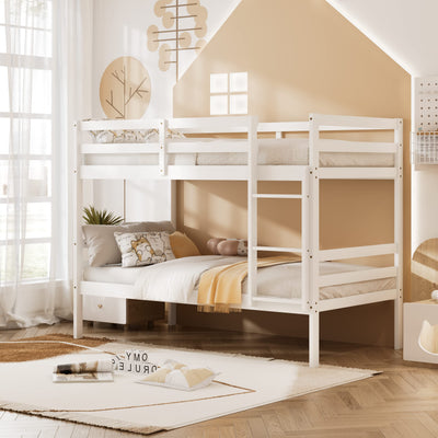 KOMFOTT Wood Bunk Bed Twin Over Twin, Bunk Bed with Ladder & Safety Guardrail, Solid Wood Bed Frame, Ideal for Dormitory & Multiple-Child Family, No Box Spring Needed, Kids Bed Frame