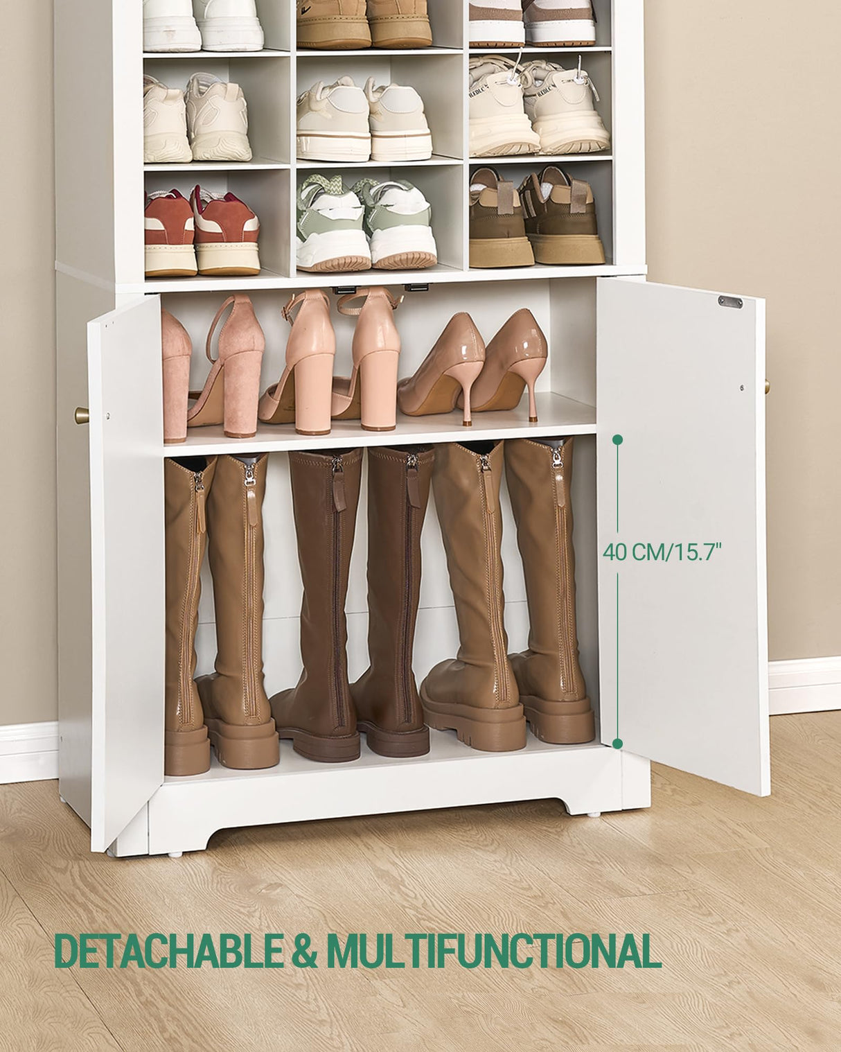 Huaneri Shoe Storage Cabinet with Doors, 30 Pairs Free Standing Closet Organizer, 8.8" Widened Cell Wood Shoe Organizer, 10 Tiers Space Saving Vertical Shoe Rack for Entryway, Bedroom, White SR18903X Hzuaneri