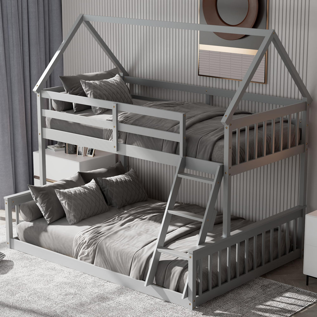 KOMFOTT Grey Twin Over Full House Bunk Bed with Integrated Ladder and Safety Guardrails KOMFOTT