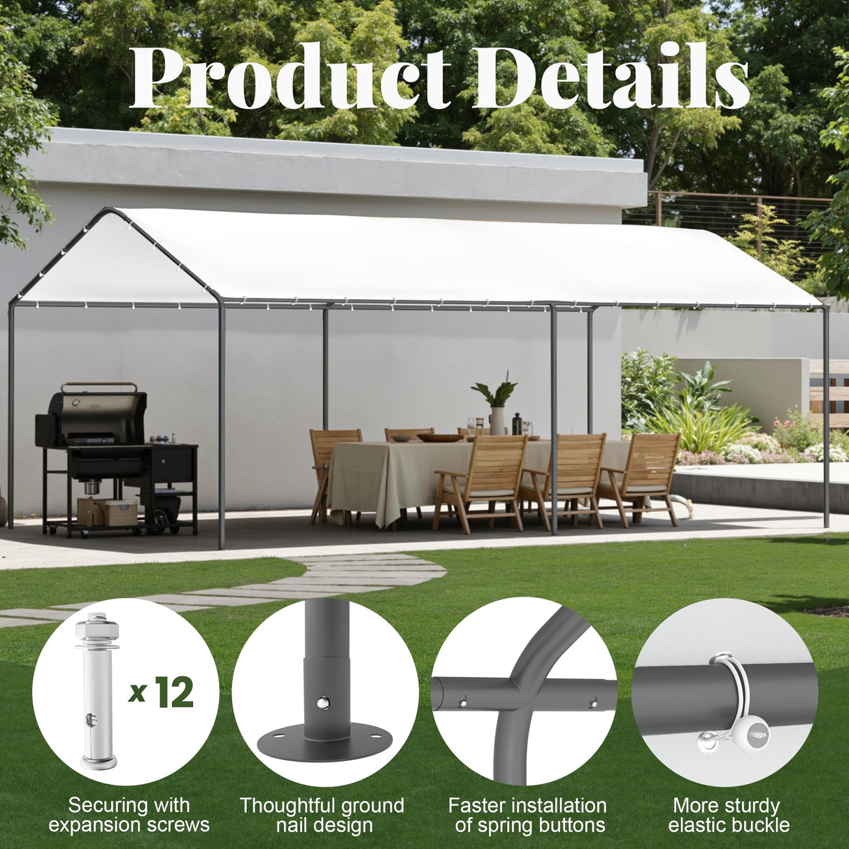 GOJOOASIS 10x20 Carport Heavy Duty Portable Garage Shelter Metal Car Canopy Tent with UV-Resistant & Weatherproof Top Cover for RV & Vehicles (White, 10x20 Without sidewalls) GOJOOASIS