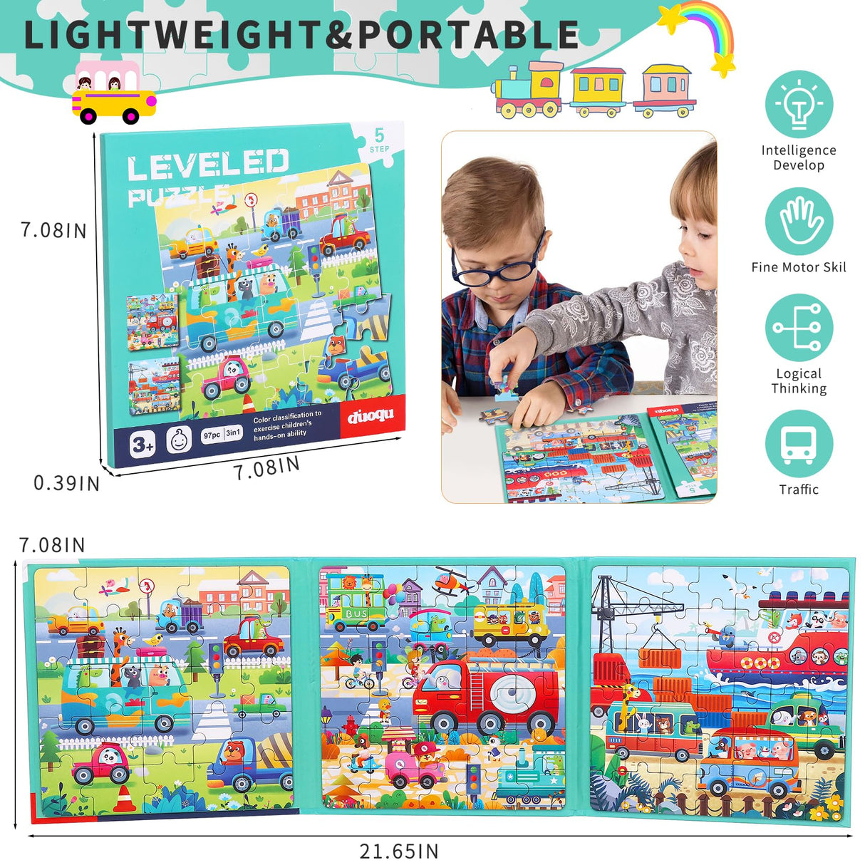 Magnetic Puzzles for Toddlers 3-5 - 3 in 1-97 Pieces Magnet Puzzle Book for Kids Ages 4-8 Travel Puzzles Game Magnetic Jigsaw Puzzle Car Traffic Activities Toy for Boys and Girls CCBLZLL