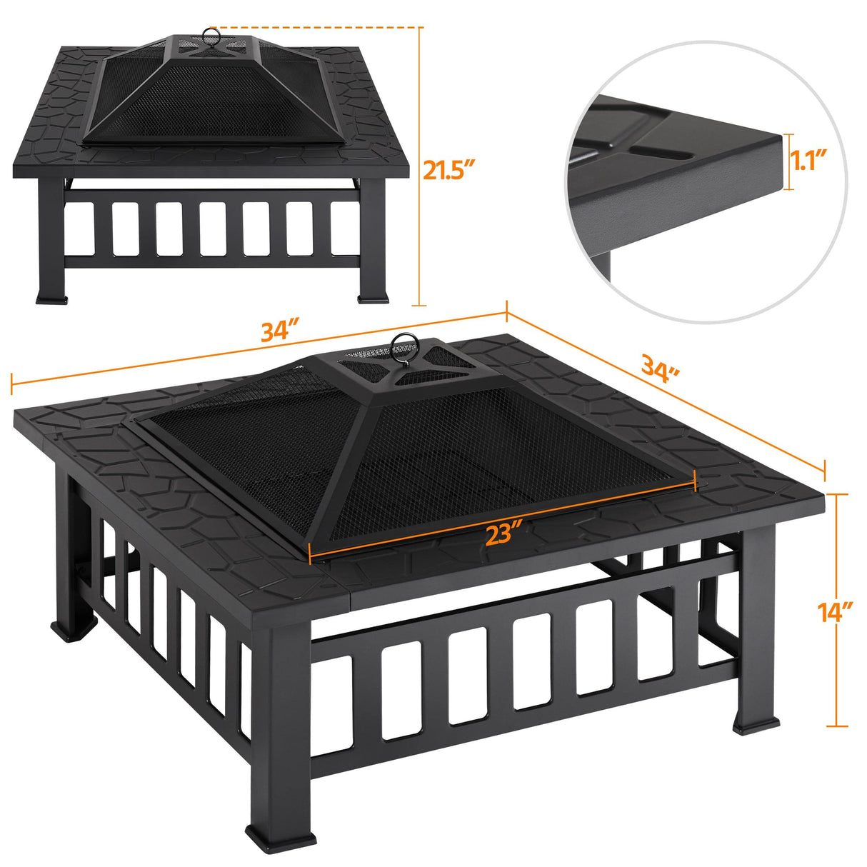 Yaheetech 34in Fire Pit Table Outdoor Wood Fire Pits Fire Pits for Outside Patio Square Steel Stove with Mesh Screen, Waterproof Cover & Poker for Bonfire Camping Yaheetech