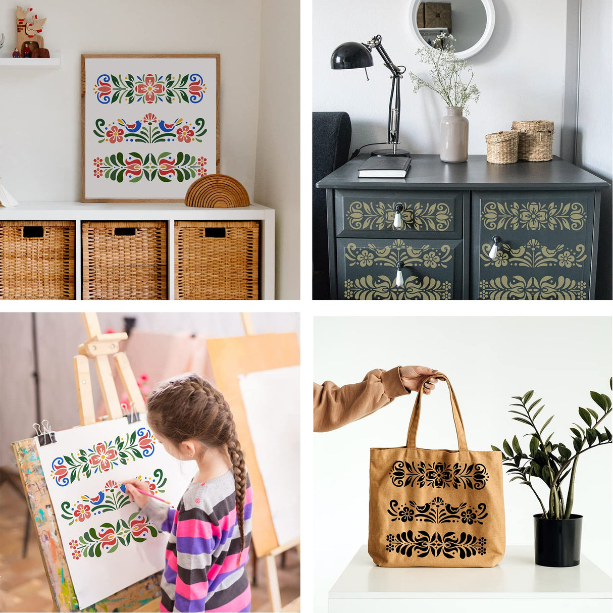 BENECREAT Plastic Folk Decorative Painting Stencil Templates, 12x12inch Floral Pattern Scandinavian Style Reusable Drawing Stencils for DIY Art Craft Wall Canvas Furniture BENECREAT