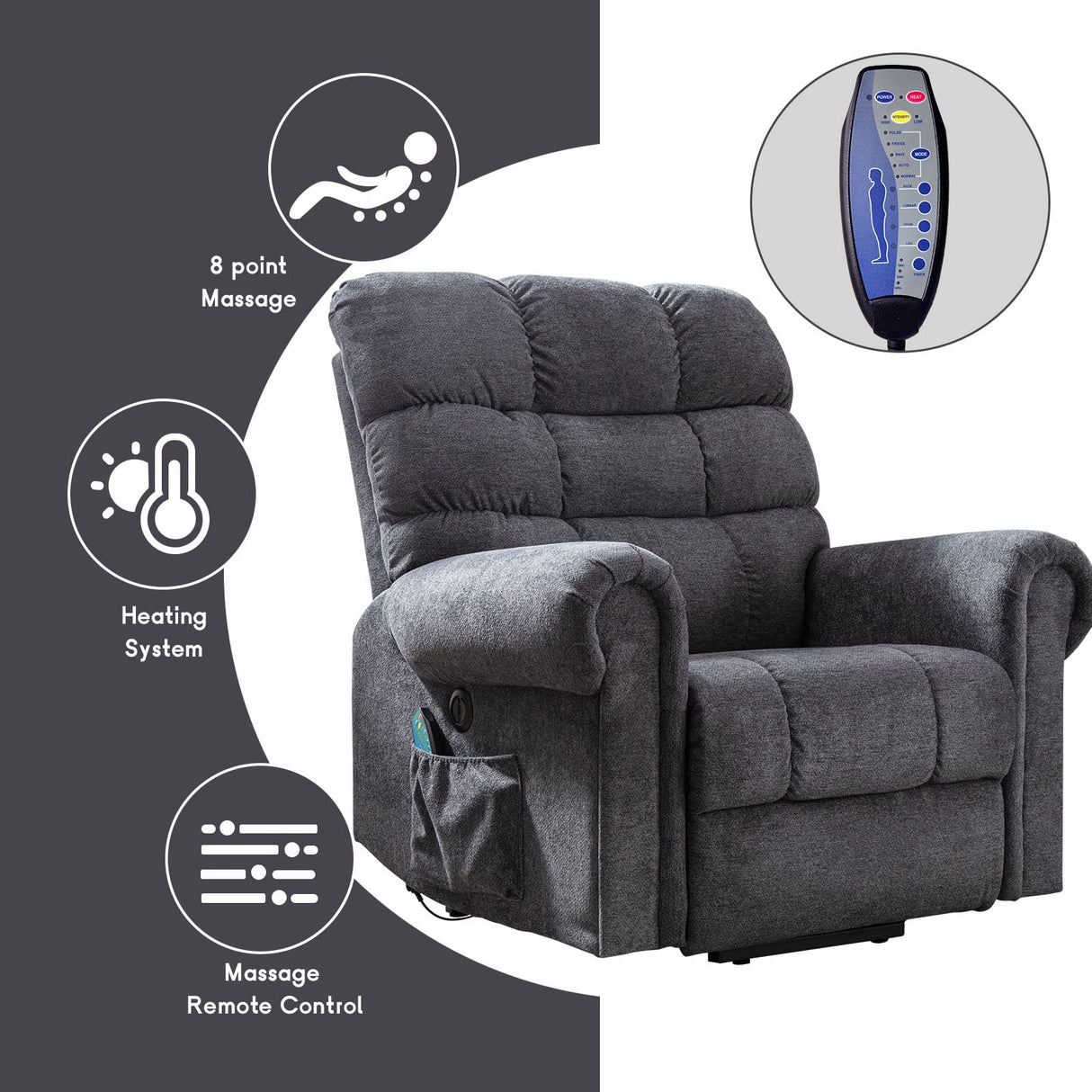 CANMOV Large Power Lift Recliner Chairs with Massage and Heat for Elderly Big People, Heavy Duty Electric Reclining Chairs Overstuffed Wide Recliner with USB Port and Side Pocket, Gray CANMOV