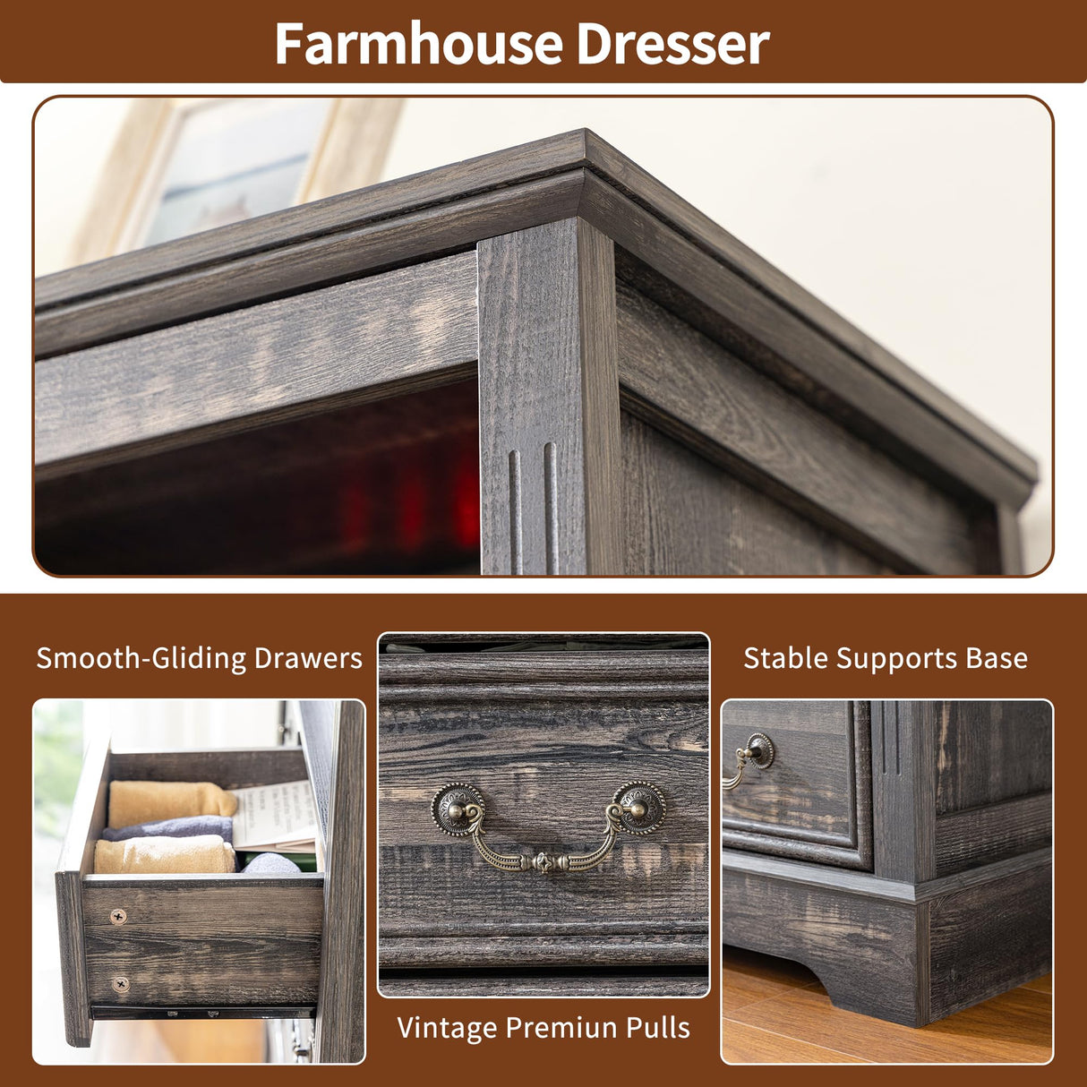 Homkdom Dresser for Bedroom with Charging Station & LED Light, 48'' H Tall Dresser & Chests of Drawers,Rustic Oak Homkdom