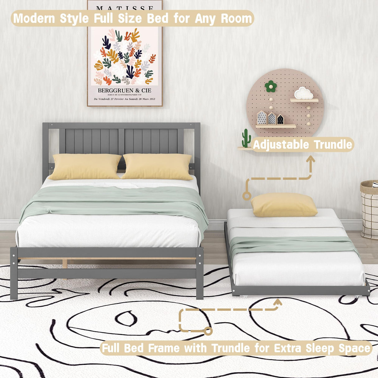 MERITLINE Full Size Bed Frame with Headboard,Wood Full Bed with Adjustable Trundle Bed, Extendable Bed Frame to 2 Beds for Kids Teens Adults (Grey) MERITLINE