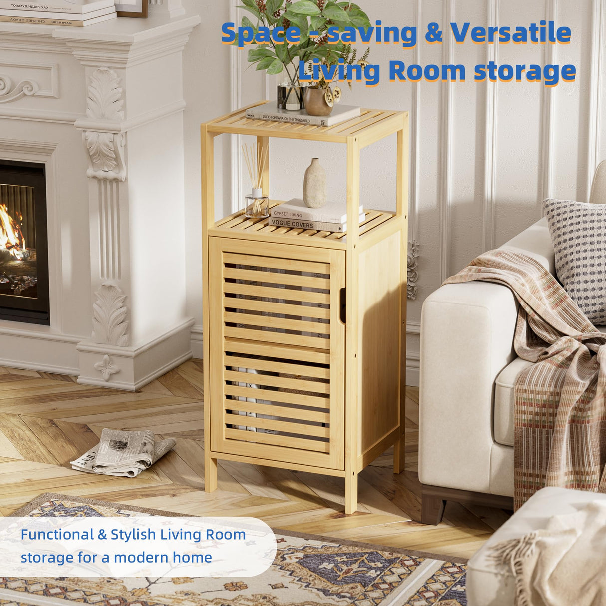 HITNET Bathroom Cabinet Freestanding, Small Bamboo Floor Cabinet, 4 Tier Single Door Sofa Side Table Storage Organizer, Space Saving Kitchen Cupboard, Natural HITNET