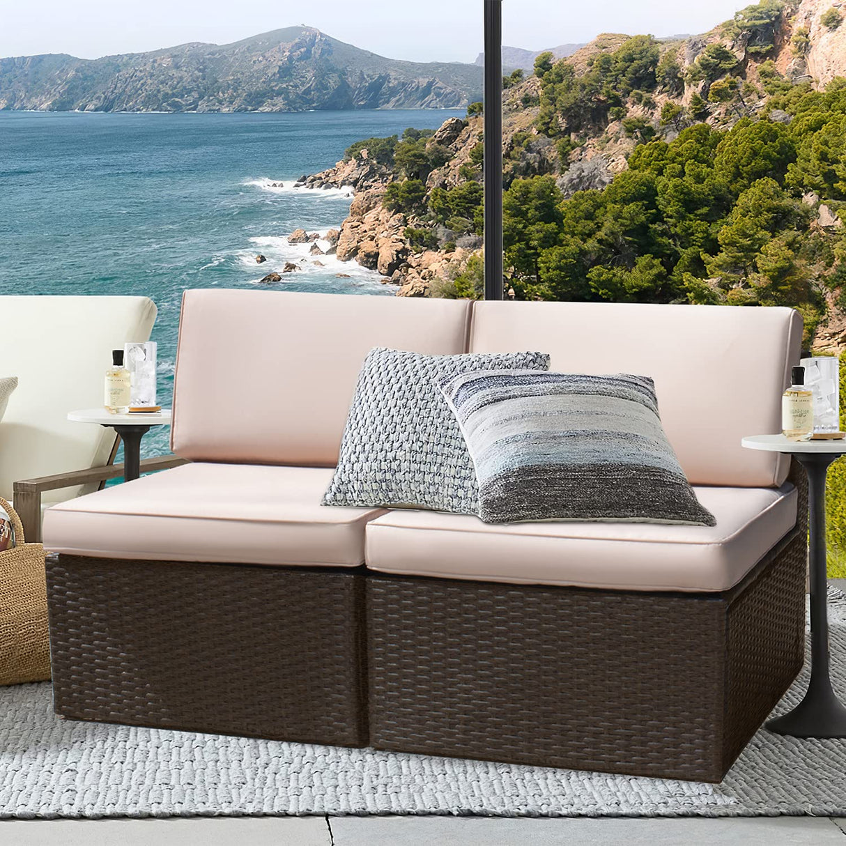 Devoko 2 Pieces Patio Furniture Sets All-Weather Outdoor Sectional Armless Sofa (Beige) Devoko