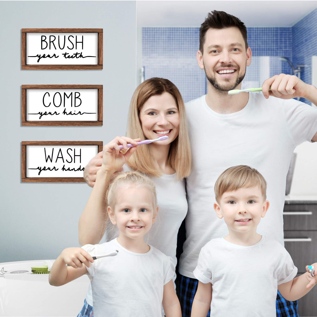 LIBWYS Bathroom Sign & Plaque (Set of 3) Wash Your Hands Brush Your Teeth Comb Your Hair Decorative Rustic Wood Farmhouse Bathroom Wall Decor (White) LIBWYS