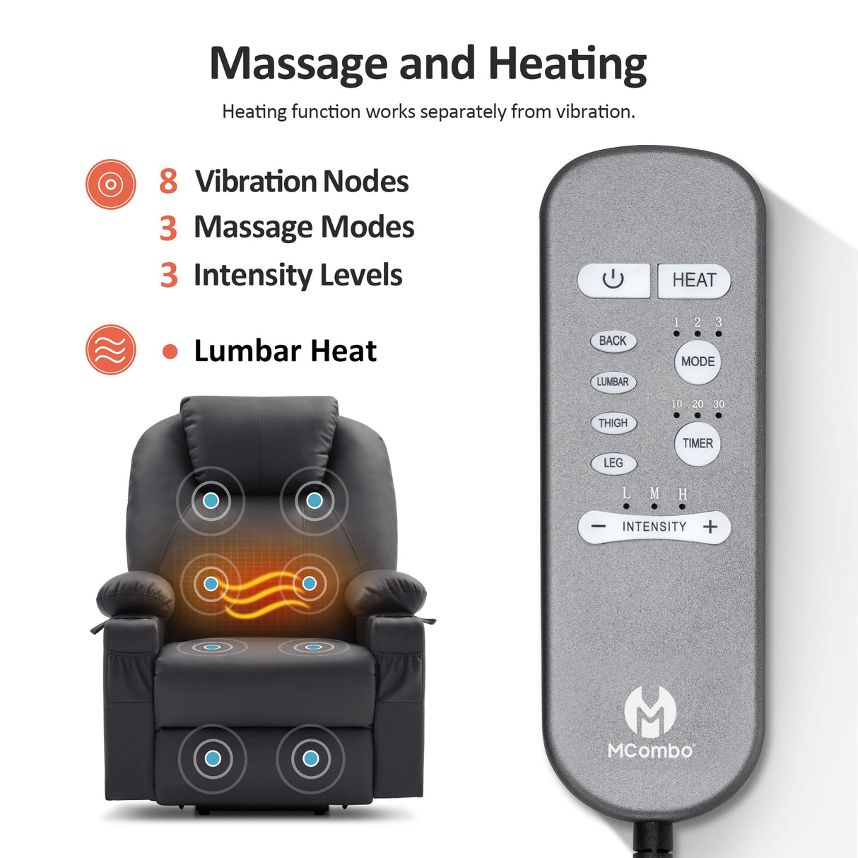 MCombo Dual Motor Large Power Lift Recliner Chair for Elderly, Lay Flat Lift Chair with Heat and Massage, Big Lift Recliner for Tall People, Faux Leather 7815 (Black, Large) MCombo