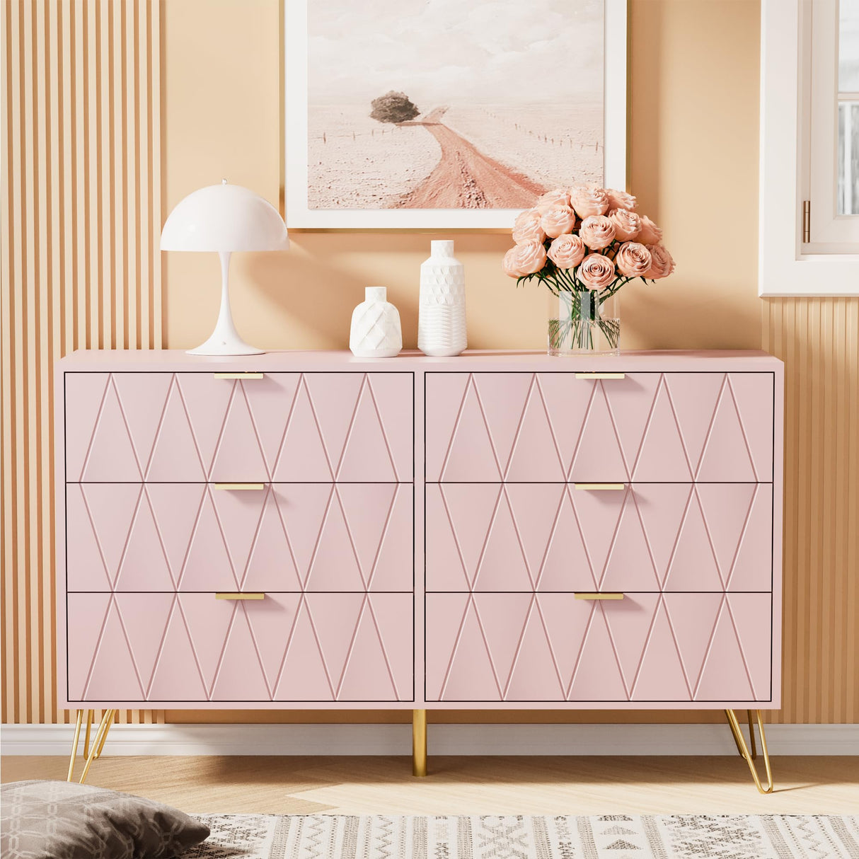 Anbuy Pink Large Dresser 6 Drawer Dresser for Bedroom, Chest of Drawer with 6 Wide Drawers Wood Storage Cabinet Organizer with Metal Gold Legs for Bedroom, Living Room, Entryway Anbuy