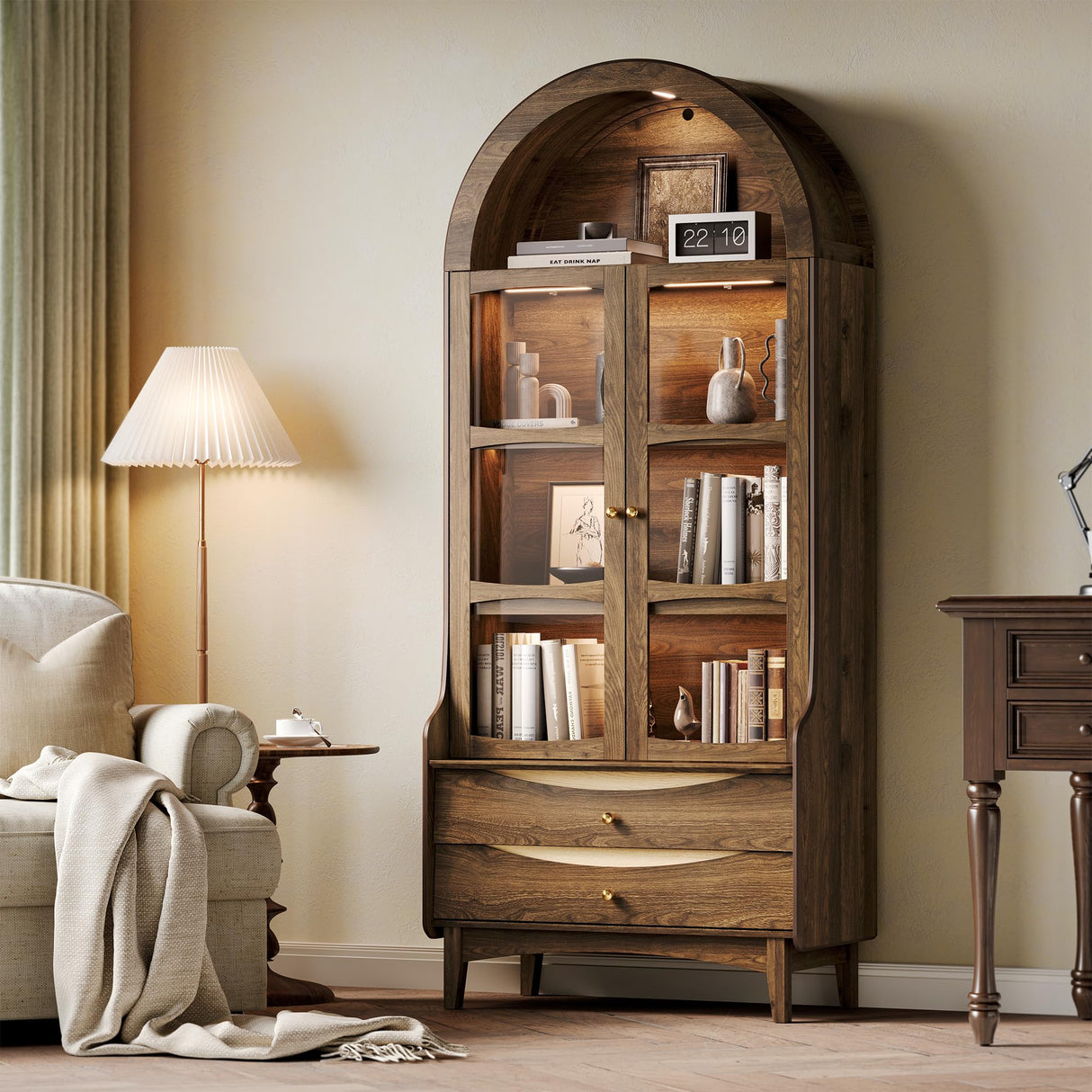 STO'SENSE 73" Tall Arched Bookshelf with LED Lights,4-Tier Modern Farmhouse Arched Bookcase with Glass Doors and Shelves,Wooden Display Cabinet with 2 Drawers for Living Room, Dining Room (Walnut) STO'SENSE