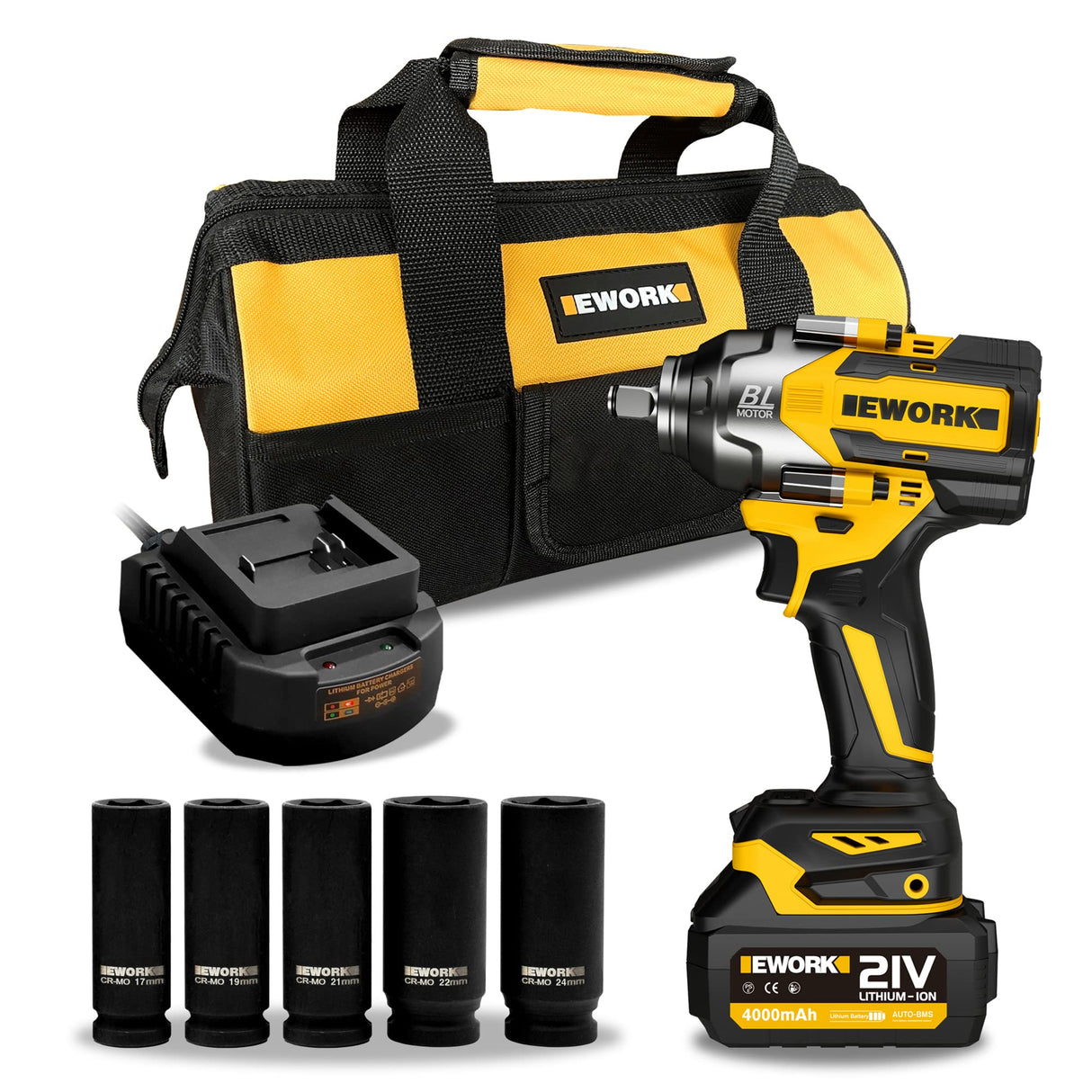 EWORK Cordless Impact Wrench 1/2 inch 21V Brushless High Torque Impact Gun Max 700 Ft-lbs Power Impact Wrenches with 4.0Ah Li-ion Battery, Fast Charger, 5 Sockets, Tool Bag (RB-810) EWORK