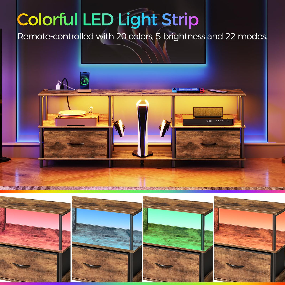 MAHANCRIS LED TV Stand with Charging Station and 2 Fabric Drawers, Entertainment Center for TVs up to 65", TV Console Table with Open Storage Shelf, for Living Room, Rustic Brown TVHR135E01 MAHANCRIS