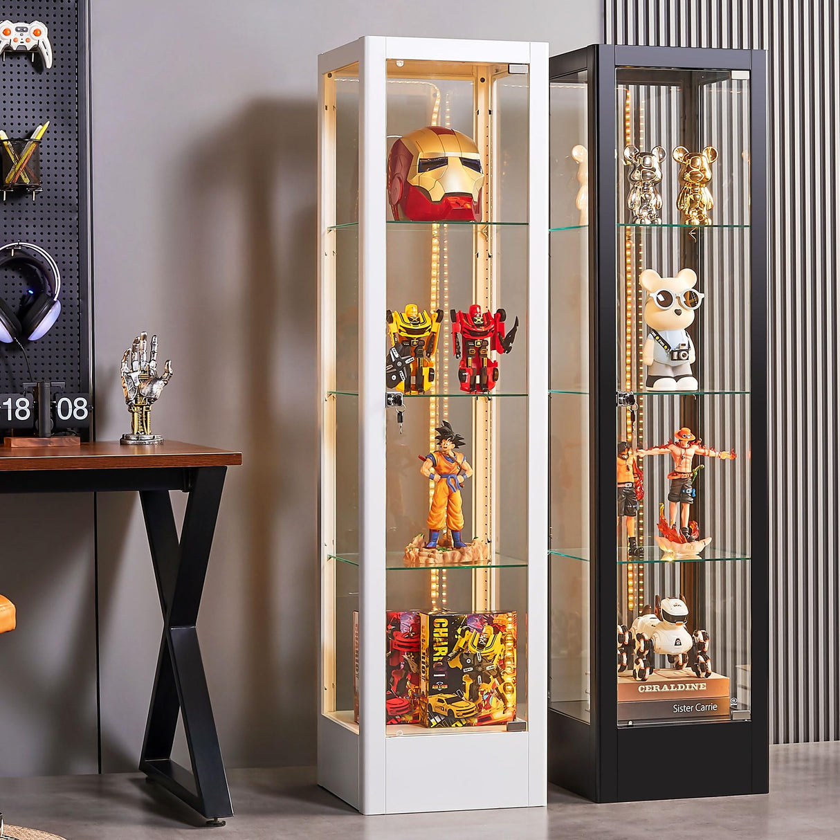 BECHAEO Glass Display Cabinet with 12 Color Lights and Lock, 4-Tier Curio Cabinet with Tempered Glass Door, Adjustable Shelves, 63" Metal Display Case for Collectibles Living Room, White BECHAEO