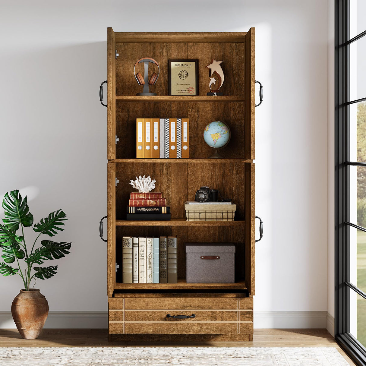 Tribesigns 70 Inches Bookshelf and Bookcase with Door, Wooden Farmhosue Tall Storage Cabinet with Drawer, Retro Enclosed Library Book Shelves for Home Office, Living Room (Rustic) Tribesigns