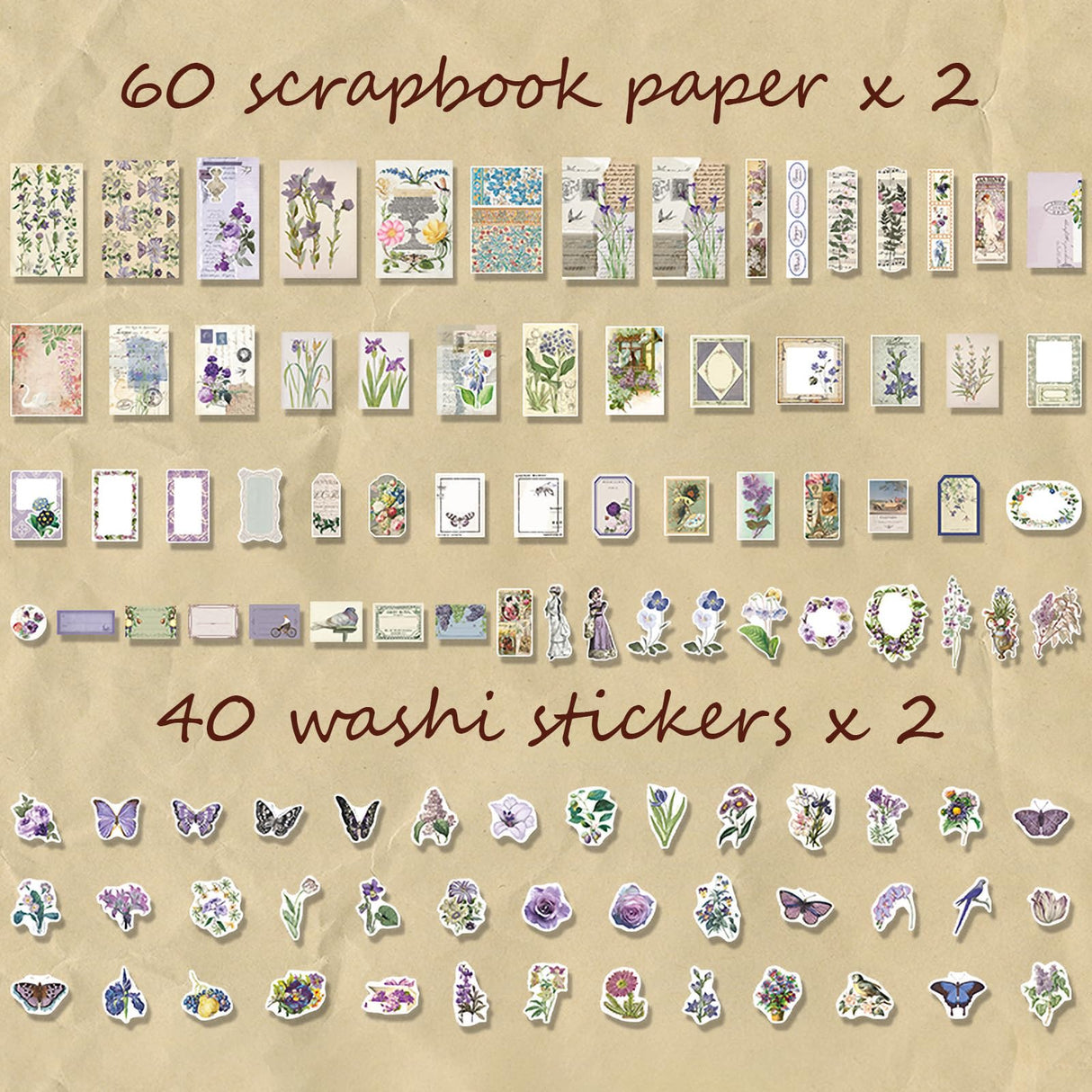 CHRYCELESTE 200pcs Vintage Purple Scrapbook Stickers and Paper, Journal Stickers Kit, Junk Journal Paper Kit - Flowers Butterflies,Plastic Case Packaging with Handy Pliers(Purple Reverie) CHRYCELESTE