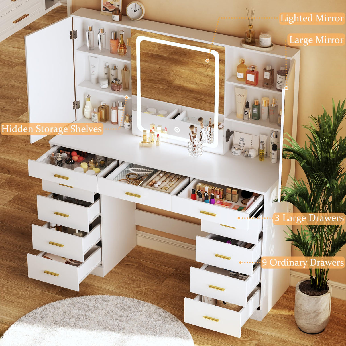 Makeup Vanity Desk with Lights, 47.2" Vanity Desk with 11 Storage Drawers and Hidden Storage Shelves, White Vanity with Charging Stations & 3 LED Lighting Modes Adjustable, for Bedroom HUAHUU