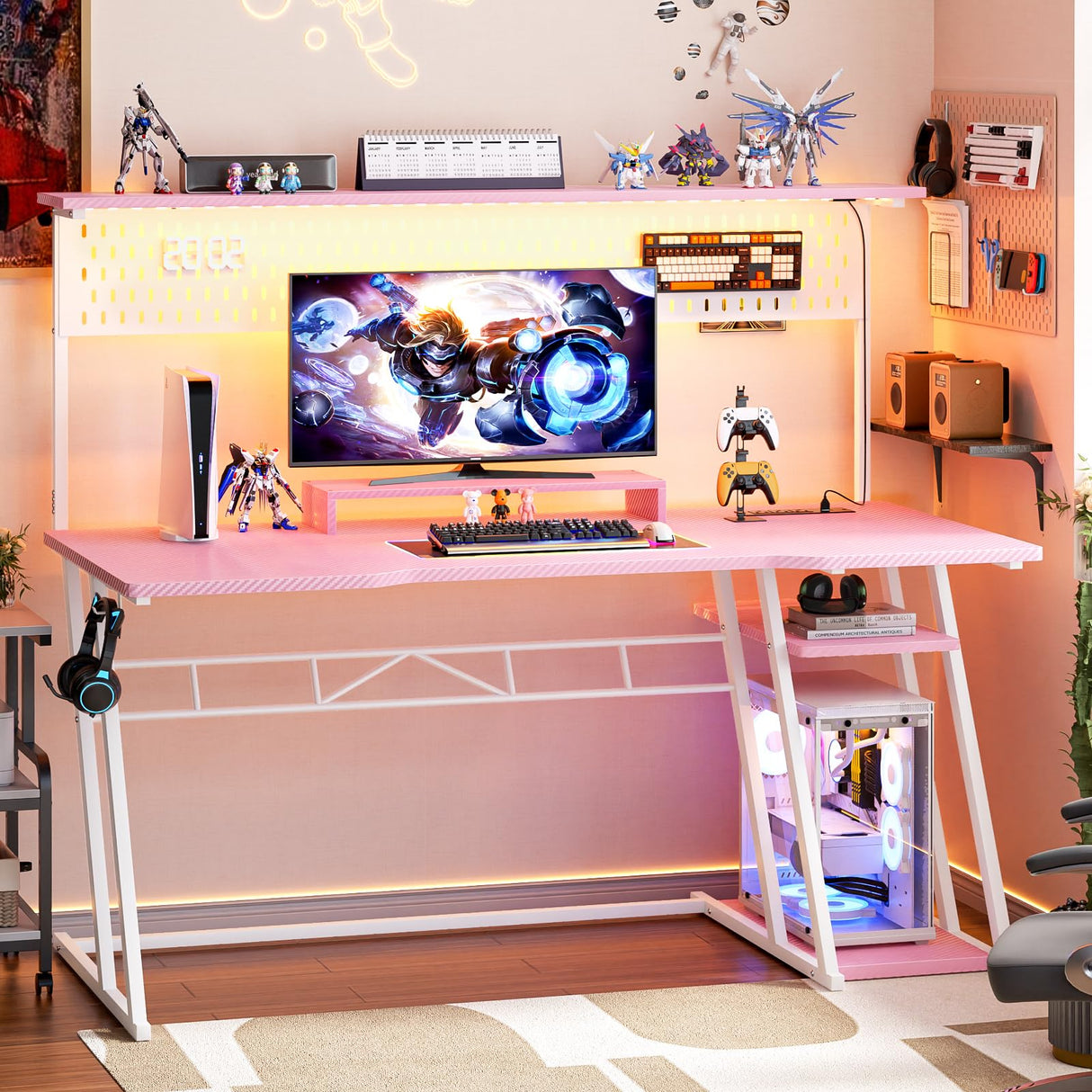 Pink Gaming Desk with Hutch and LED Lights, 55" Computer Desk with Storage Shelves, Reversible PC Gaming Desk with Pegboard, Gaming Table Gamer Desk for Bedroom, Carbon Fiber Pink armocity