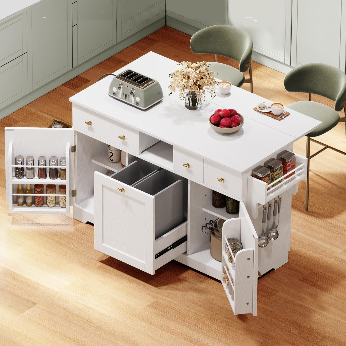 DWVO Kitchen Island with Drop Leaf, 59" Large Mobile Storage Islands with Power Outlet, Double Pull-Out Trash Can Cabinets Fits 10-Gal Garbage Bin, Rolling Kitchen Cart with Spice & Towel Rack, White DWVO