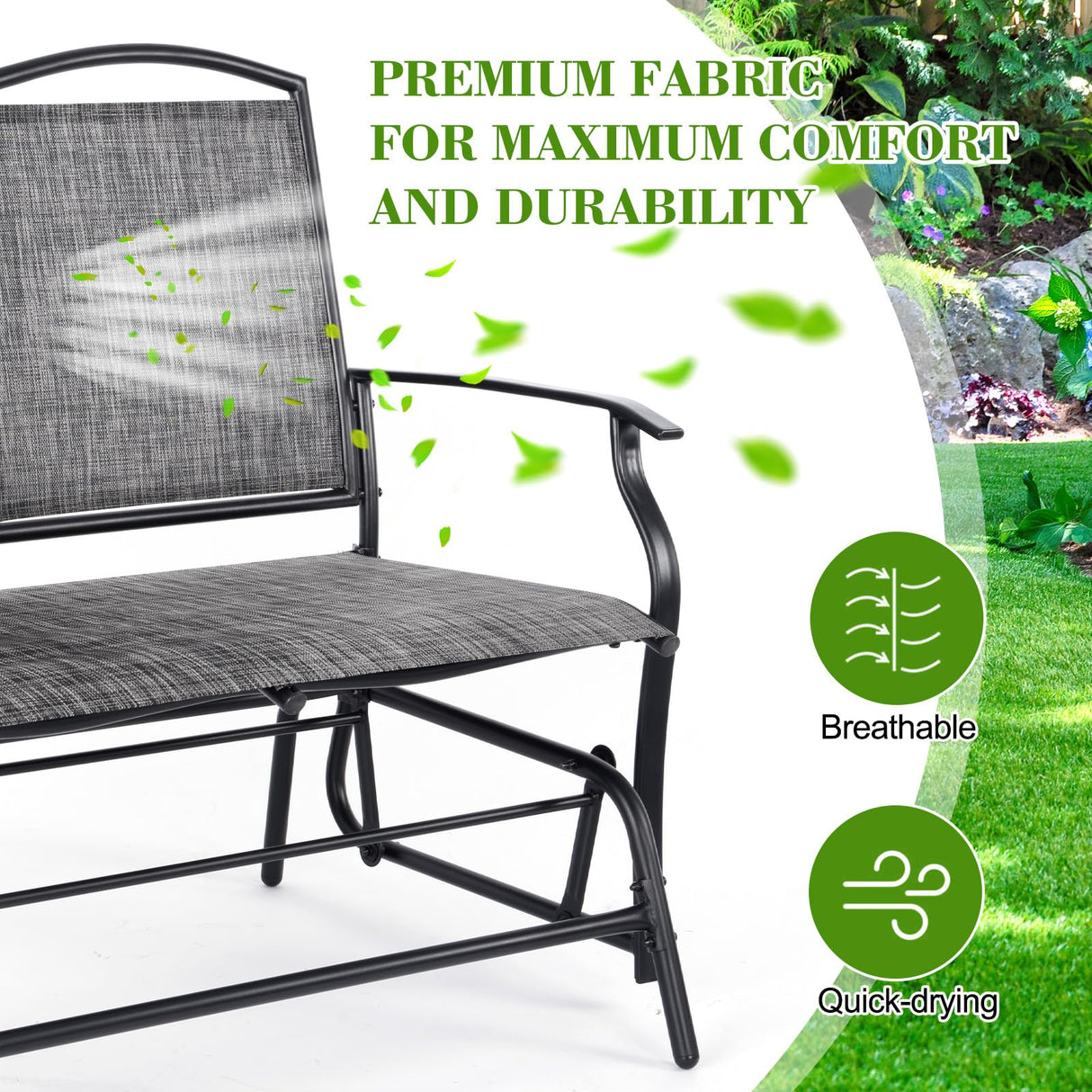 Backyard Expressions 2-Person Outdoor Glider Bench, Patio Double Swing Rocking Chair Loveseat w/Powder Coated Steel Frame for Backyard Garden Porch, Black Frame - Heathered Grey Sling Fabric BACKYARD EXPRESSIONS PATIO · HOME · GARDEN