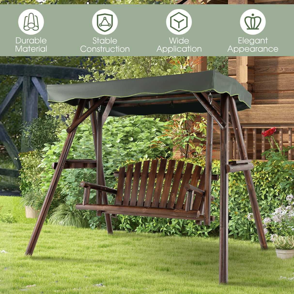 Tangkula Wooden Porch Swing, 2 Person A-Frame Outdoor Swing with Adjustable Canopy, Armrest, 2 Side Tables, Outdoor Swing with Wood Stand for Garden, Backyard, Deck, Poolside (Rustic) Tangkula