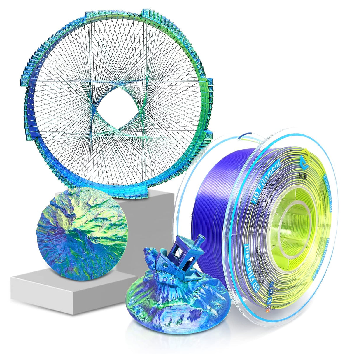 YOUSU 3D Printer Filament, Tri-Colors PLA Filament 1.75mm, Coextrusion Silk PLA Filament, Rainbow PLA Filament with Silk PLA Blue-Purple-Yellow, 3D Printing Filament +/-0.02mm, 1kg/2.2lbs Yousu